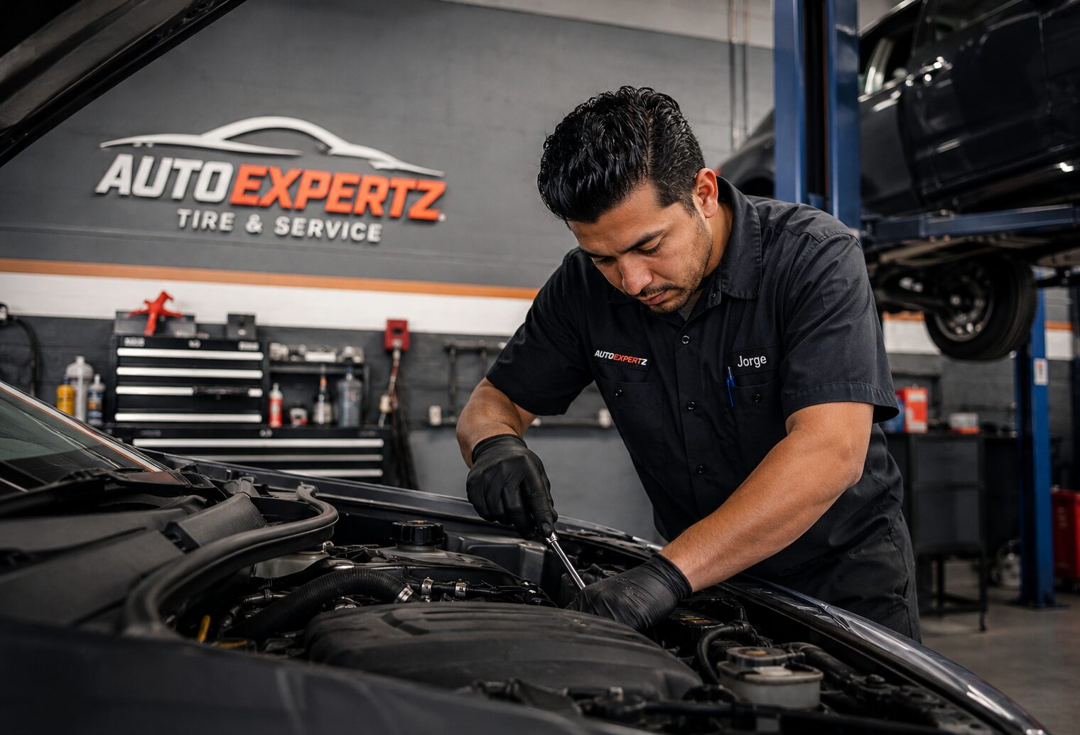AUTOEXPERTZ Tire and Service technician Jorge working under the hood of a vehicle in the shop, with the AUTOEXPERTZ Tire and Service wall sign behind him