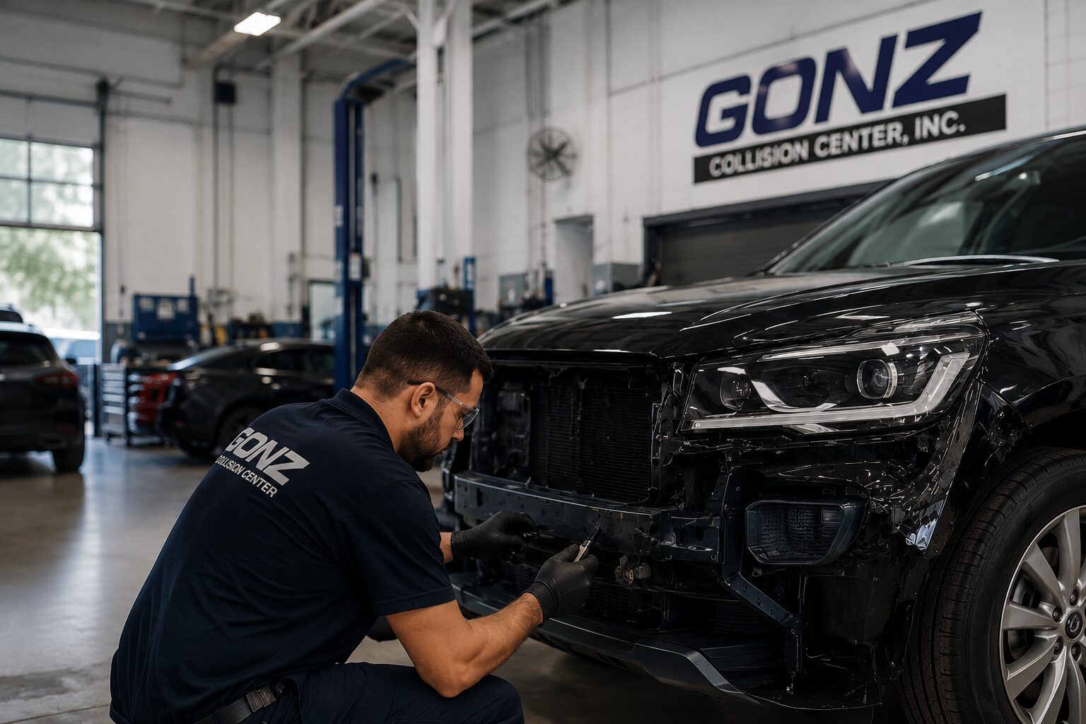 Gonz Auto Collision Center technician removing the front bumper of a black SUV in the shop, with the Gonz Collision Center logo on the wall behind him